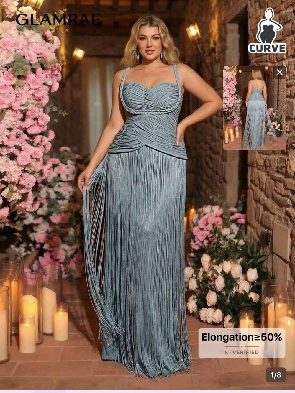 GLAMRAE CURVE BLUE RUCHED FRINGE MAXI DRESS